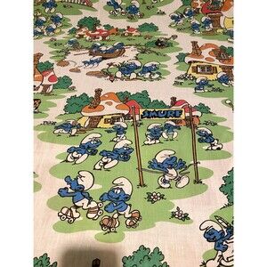 Vintage 80's Lawtex The Smurfs Mushroom Village Twin Flat Sheet GREAT CONDITION